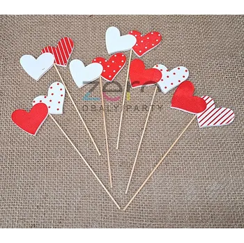 Party dekorace Zápich srdce dvojité dřevěné (6 ks) - červeno-bílá