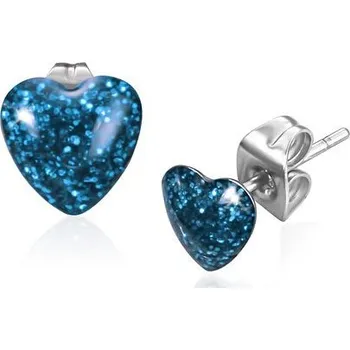 Náušnice Ocelové náušnice - modré srdce se třpytkami
