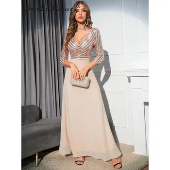 Dámské šaty Dámské společenské šaty levně Sequins SF408 Barva: Šampaňská, Velikost: S