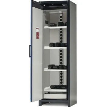 Bezpečnostní nabíjecí skříň pro lithium-iontové baterie, model BATTERY CHARGE, 4 police, dveře modré, rozměry 599 x 615 x 1953 mm