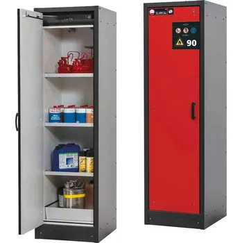 Bezpečnostní skříň na chemikálie 90 min., 3 police + vana, š. 600 mm, dveře červené