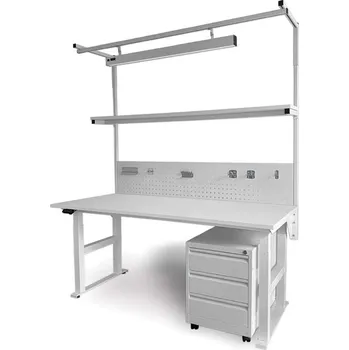 Dílenský stůl Pracovní stůl ERGOMASTER, elektricky nastavitelná výška, s horní policí, LED a kontejnerem, 1800x800 mm