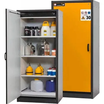 Bezpečnostní skříň na chemikálie 30 min., 3 police + vana, š. 864 mm, dveře žluté