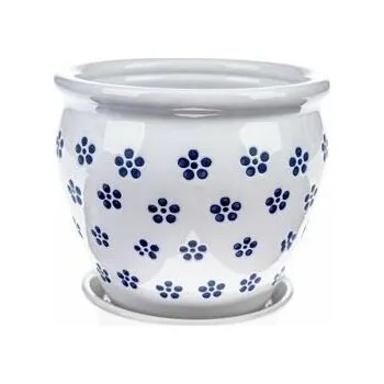 Květináč Květináč ker. kytička bílý/modrý 15x15x14 cm