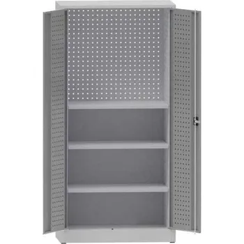 Dílenská skříň na nářadí, v x š x h: 1950x950x500 mm, perforované panely, 3 x police, barva šedá RAL7035/šedá RAL7035