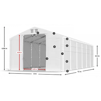 Zahradní stan Skladový stan 8x12x3,5m střecha PVC 620g/m2 boky PVC 620g/m2 konstrukce POLÁRNÍ PLUS Bílá Bílá Bílá