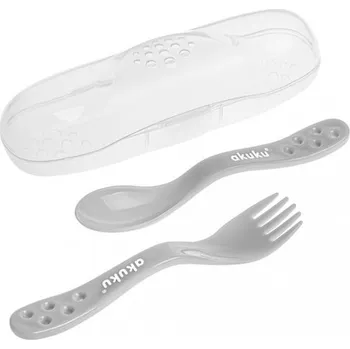 Příbor Dětský příbor plastový 2-dílný - VIDLIČKA A LŽÍČKA V POUZDRU šedá - Akuku