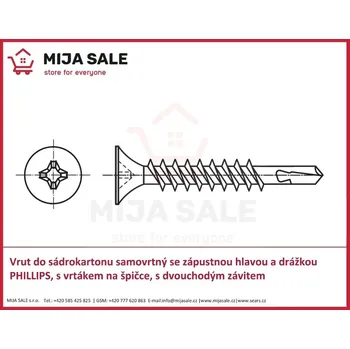 Vrut P 3,5x 35 Vrut do sádrokartonu samovrtný se zápustnou hlavou a drážkou PHILLIPS, s vrt