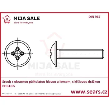 Šroub M 3x 10 - DIN 967 - 4.8 -zinek-Šroub s okrasnou půlkulatou hlavou a límcem, s kříž.dráž.