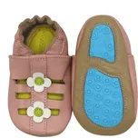 CAROZOO Kožené capáčky s gumovou podrážkou sandálky růžové s květinami 6-12 měsíců Růžová 19,5