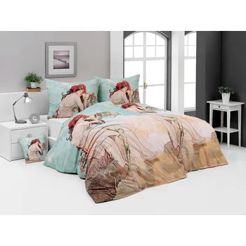 Povlečení Povlečení Matějovský ALFONS MUCHA SUMMER, béžovo-svetle modré, bavlna hladká digitál, 140x200cm + 70x90cm