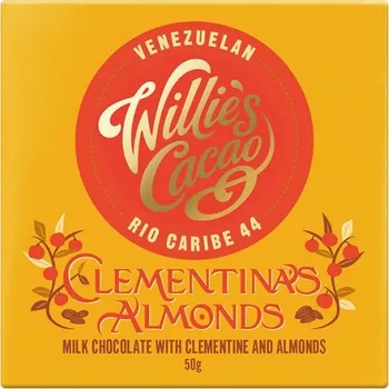 Čokoláda Willies Cacao Čokoláda CLEMENTINA'S ALMONDS Mléčná čokoláda s klementinkou a mandlemi 50g