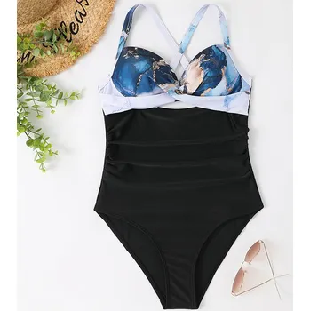 Dámské plavky Dámské plavky jednodílné s překřížením pod prsy a řasením v pase (s odhalením pod košíčky) 8-14 Barva: mramor 14, Velikost: XL