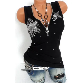 Dámský letní top se sexy rozepínacím výstřihem a hvězdami Barevná varianta: Černá, Velikost: 4XL