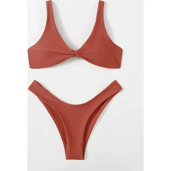 Dámské plavky Dámské plavky dvojdílné "V-string" s uzlíčkem mezi košíčky (1-6) Barva: Hnedá, Velikost: L