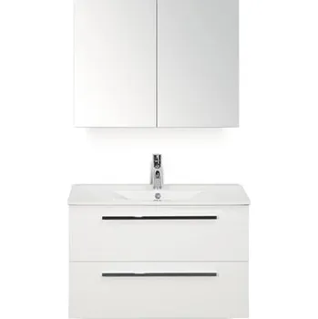 Koupelnový nábytek Koupelnový nábytkový set Seville 80 cm s keramickým umyvadlem Model 1 a zrcadlovou skříňkou bílá vysoce lesklá
