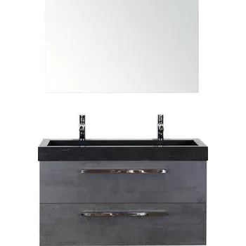 Koupelnový nábytek Koupelnový nábytkový set Seville 100 cm s umyvadlem z přírodního kamene 2 otvory na kohouty a zrcadlem beton antracitově šedá