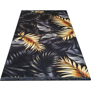 Koberec Makro Abra Moderní kusový koberec BLACK and GOLD 06 Listí protiskluzový černý zlatý Rozměr: 80x150 cm