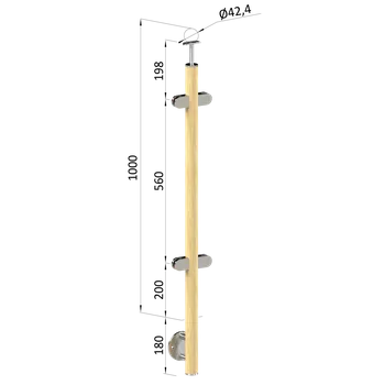 Zábradlí KOVIAN, s.r.o. Dřevěný sloup, boční kotvení, výplň: sklo, průchozí, vrch pevný (ø42 mm), materiál: buk, broušený povrch s nátěrem BORI (bezbarvý)