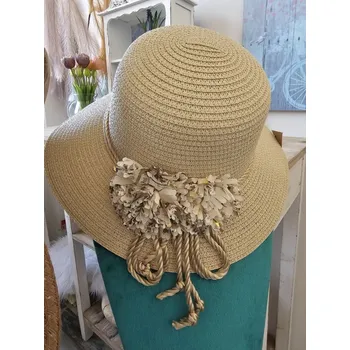 Klobouk Béžový sluneční dámský klobouk s květinami - Ø 33*11/ 56cm