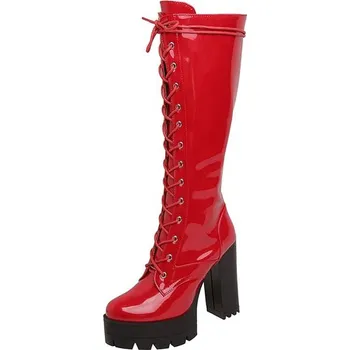 Dámské kozačky Lakované kozačky na vysokém podpatku Barva: Červená, Velikost: 43