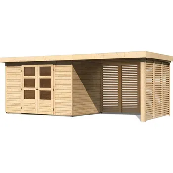 Zahradní domek LANIT PLAST Dřevěný domek KARIBU ASKOLA 4 + přístavek 280 cm včetně zadní a boční stěny (9182) natur LG3274