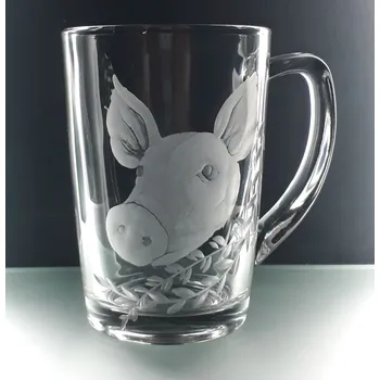 Hrnek skleněný na čaj 250ml s rytinou prasátka - ručně ryté (broušené), dárková krabička