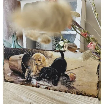 Plechová cedule Béžová antik nástěnná kovová cedule se štěnátky - 50*20cm