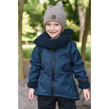 Kojenecká bunda tmavě modrý softshellový kabátek s kapucí a šálou