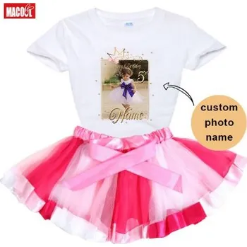 Dívčí sukně Čína Dívčí narozeninový set trika a tutu sukně s vlastní fotografií a jménem - krátký rukáv Barva: bílé triko + růžová sukně, Velikost: 90 triko + uni sukně