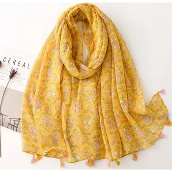 Šála Bavlněný šátek/šála okrově žlutý s jemnými květy 90x180 cm, WHITE ORCHID