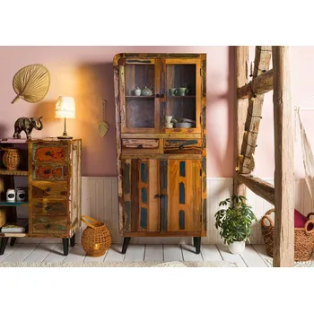 Komoda SIXTIES Starožitná dřevěná vitrína, 90x35x200, vícebarevně lakovaná