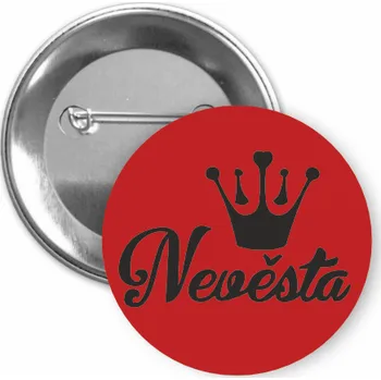 ON-DESIGN Placka s motivem Nevěsta 32 mm Barva: červená, Barva potisku: černá, Typ buttonu: špendlík