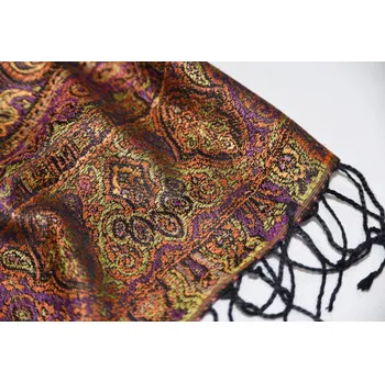 Šála Hedvábná šála Jamawar střední - Černá a zelená s ornamenty