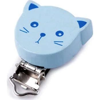 Hračka pro nejmenší Klip na dudlík dřevěný - modrá kočka