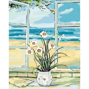 Diamondi Diamantové malování - NARCIS V OKNĚ U PLÁŽE Rozměr: 40x50 cm, Rámování: bez rámu a bez vypnutí plátna