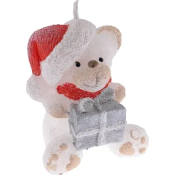 Svíčka Svíčka Vánoční 11cm Medvídek s dárečkem, bílý