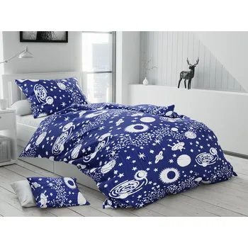 Povlečení Textilomanie Vesmír krepové modré 140 x 200, 70 x 90, 40 x 50 cm knoflíky