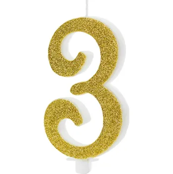 Dortová svíčka PARTYDECO Dortová svíčka se zlatým třpytem, číslo – 3