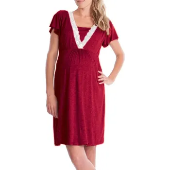 Dámská noční košile Pohodlná a stylová těhotenská/kojící noční košilka s krajkou Barva: Vínová, Velikost: L