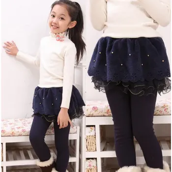 Chlapecké kalhoty Dívčí zateplené legíny s volánkovou sukýnkou s perličkami Barva: tmavě modrá, Velikost: 100/3 roky