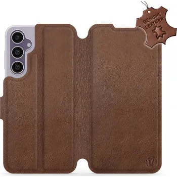 Pouzdro na mobilní telefon Kožené flip pouzdro Mobiwear - Samsung Galaxy S23 FE - Hnědé (Kožené knížkové pouzdro, obal, kryt na mobil Samsung Galaxy S23 FE, Hnědé, materiál Genuine Leather, ochrana 360°, stojánek, silikonová vanička, magnetické zavírání)