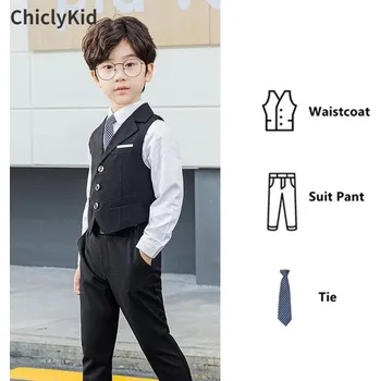 Klučičí elegantní set společenské kalhoty + vesta + kravata (1 - 12 let) Barva: Dark Black 2Pcs Sets, Velikost: 100 (3 roky)