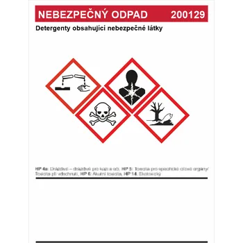 Nebezpečný odpad 200129 -	Detergenty obsahující nebezpečné látky Samolepka PVC A6 (148 x 105 mm)