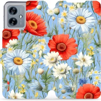 Pouzdro na mobilní telefon Flipové pouzdro Mobiwear - Motorola Moto G54 5G / Moto G54 5G Power Edition - VP44S Červené a bílé květy (Knížkové flip pouzdro, obal, kryt na mobil Motorola Moto G54 5G / Moto G54 5G Power Edition - VP44S Červené a bílé květy, materiál Umělá kůže + TPU -