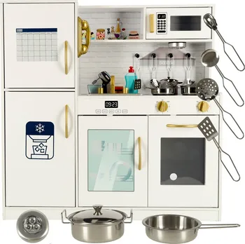 Dětská kuchyňka Dětská dřevěná kuchyňka s lednicí a 7 ks příslušenství 80 x 24 x 80 cm bílá/zlatá