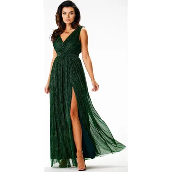 Dámské šaty Třpytivé maxi šaty ze síťoviny se saténovou podšívkou A625 Barva: Zelená, Velikost: M