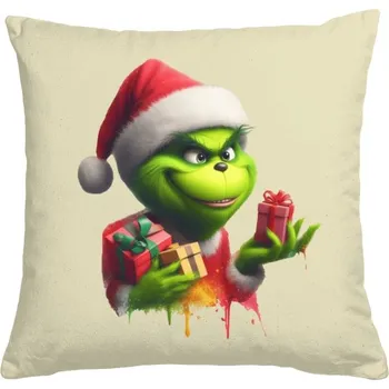 Dekorativní polštářek Polštář bavlněný s potiskem Grinch s čepicí drží dárky