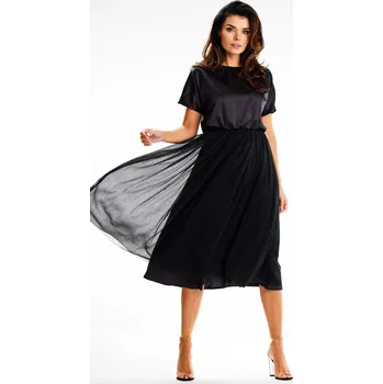 Dámské šaty Midi šaty s krátkým rukávem ve stylu kimona A627 Barva: Černá, Velikost: S