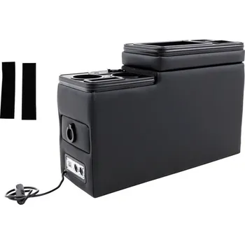 Příslušenství ke karavanu Multifunkční středová konzole pro VW T5 a T6 s úložným prostorem, USB, 12V podsvícená s indukčním nabíjením, černá